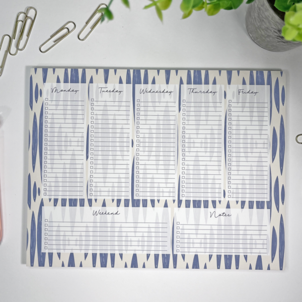 Birds Eye View of weekly planner notepad in a blue pattern